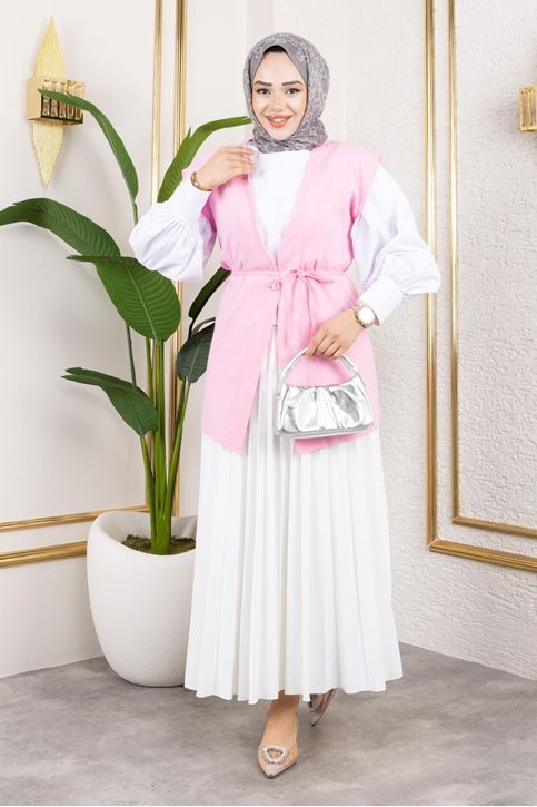 Kadın Bağlamalı Tek Düğmeli Keten Trend Tesettür Yelek Pudra