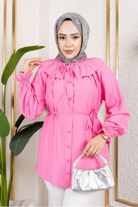 Kadın Bebe Yaka Büzgülü Kol Lastik Büzgülü Bağlamalı Yazlık Boydan Düğmeli Tesettür Tunik Pembe