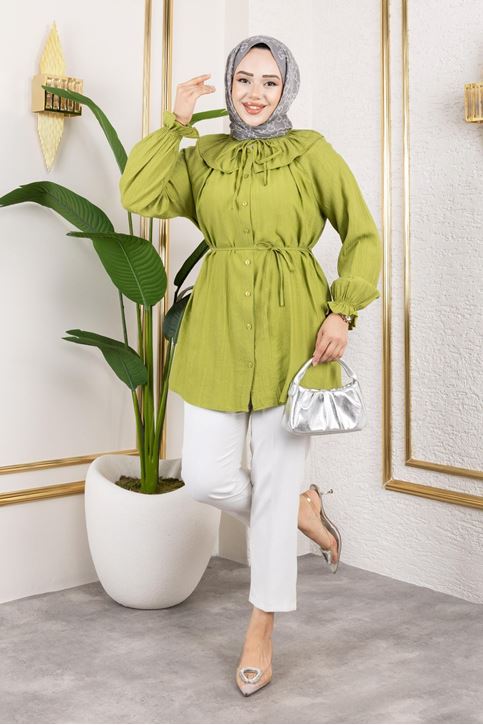Kadın Bebe Yaka Büzgülü Kol Lastik Büzgülü Bağlamalı Yazlık Boydan Düğmeli Tesettür Tunik YAĞ YEŞİLİ