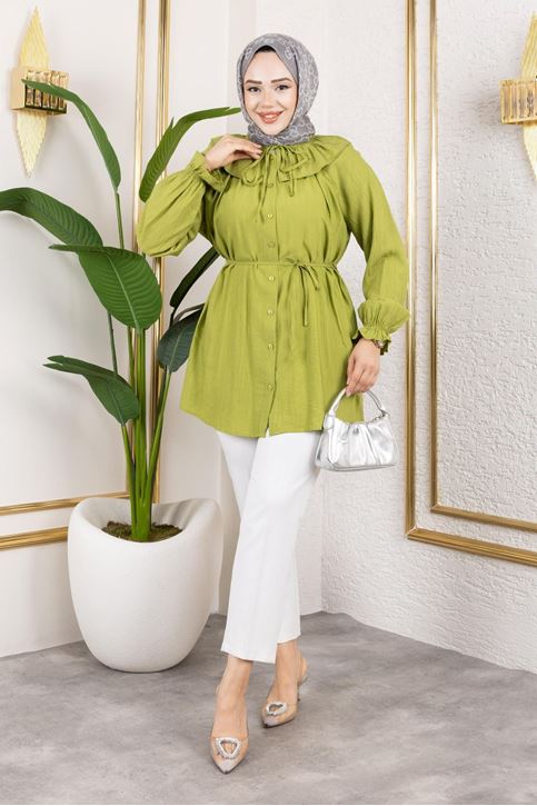 Kadın Bebe Yaka Büzgülü Kol Lastik Büzgülü Bağlamalı Yazlık Boydan Düğmeli Tesettür Tunik YAĞ YEŞİLİ
