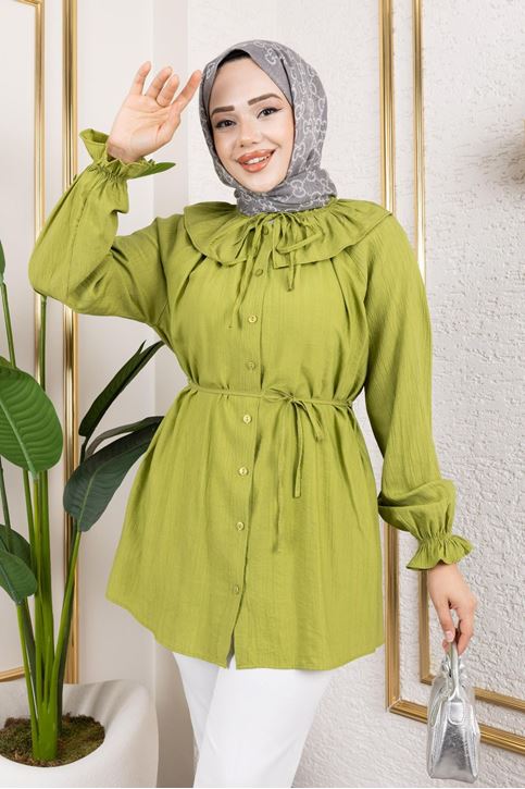 Kadın Bebe Yaka Büzgülü Kol Lastik Büzgülü Bağlamalı Yazlık Boydan Düğmeli Tesettür Tunik YAĞ YEŞİLİ