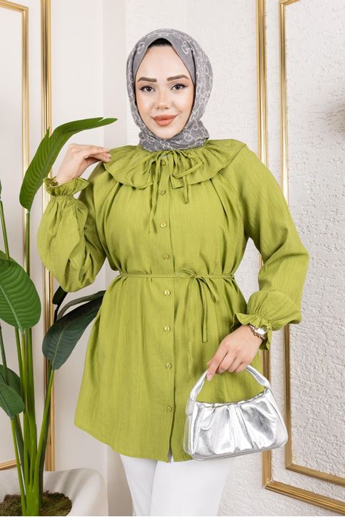 Kadın Bebe Yaka Büzgülü Kol Lastik Büzgülü Bağlamalı Yazlık Boydan Düğmeli Tesettür Tunik YAĞ YEŞİLİ