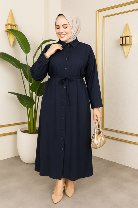 Kadın Gömlek Yaka Boydan Düğmeli Geniş Kol Detaylı Dokuma Çilek Kuşaklı Uzun Tesettür Elbise Lacivert