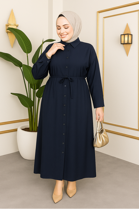 Kadın Gömlek Yaka Boydan Düğmeli Geniş Kol Detaylı Dokuma Çilek Kuşaklı Uzun Tesettür Elbise Lacivert