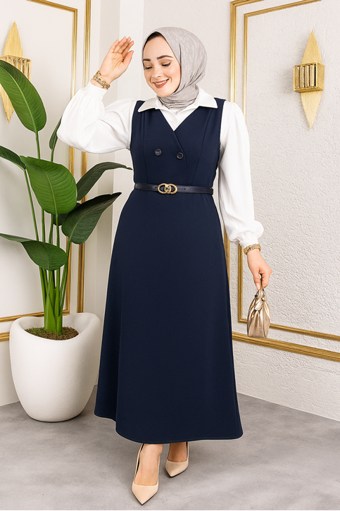 Kadın Düğme Detaylı Kemerli V Yaka Kloş Etek Detaylı Kolsuz Tesettür Jile Elbise Lacivert