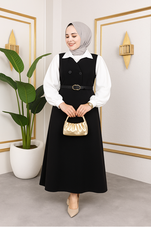 Kadın Düğme Detaylı Kemerli V Yaka Kloş Etek Detaylı Kolsuz Tesettür Jile Elbise Siyah