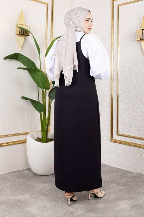 Kadın İp Askılı Tokalı Askı Ayarlanabilir Tesettür Jile Elbise Siyah