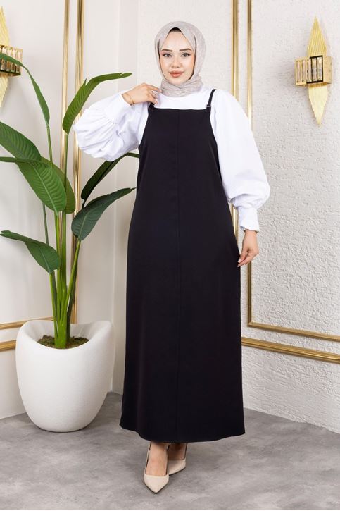 Kadın İp Askılı Tokalı Askı Ayarlanabilir Tesettür Jile Elbise Siyah