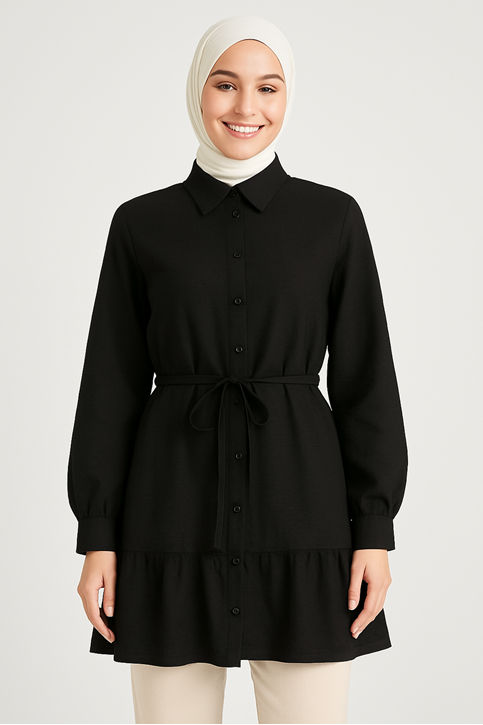 Kadın Boydan Düğmeli Yazlık İp Kuşaklı Etek Fırfır Detay  Dokuma Çilek Tesettür Tunik Siyah
