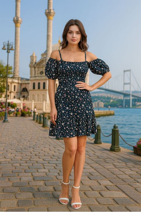 Kadın Papatya Çicek Desenli Askılı Ve Kol Detaylı Yazlı Midi Elbise Lacivert