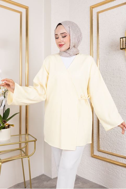 Kadın V Yaka Geniş Kollu Yandan Bağlamalı Atlas Kumaş Uzun Yazlık Tesettür Kimono Tunik Sarı