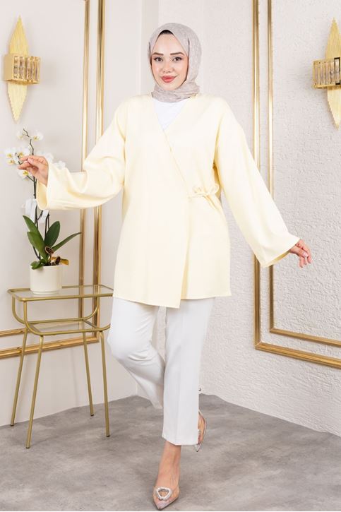 Kadın V Yaka Geniş Kollu Yandan Bağlamalı Atlas Kumaş Uzun Yazlık Tesettür Kimono Tunik Sarı