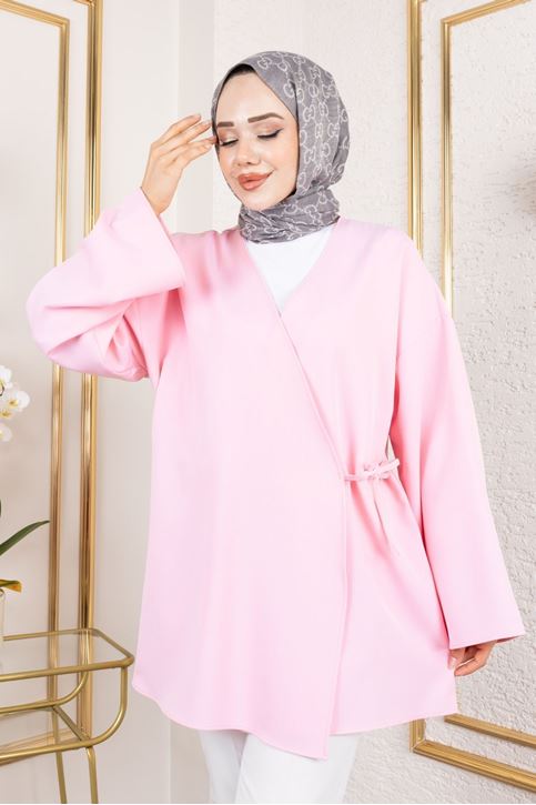 Kadın V Yaka Geniş Kollu Yandan Bağlamalı Atlas Kumaş Uzun Yazlık Tesettür Kimono Tunik Pembe