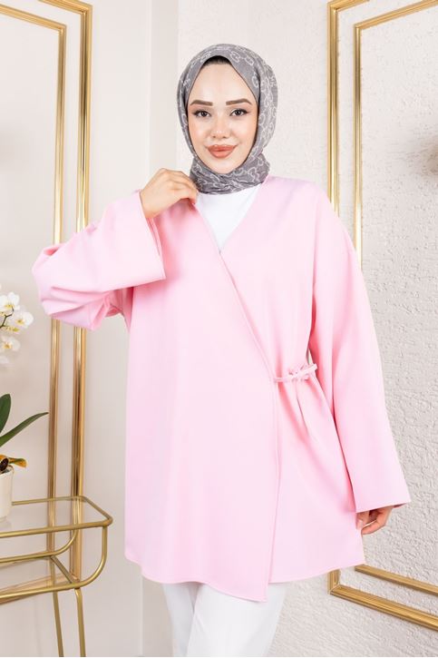 Kadın V Yaka Geniş Kollu Yandan Bağlamalı Atlas Kumaş Uzun Yazlık Tesettür Kimono Tunik Pembe