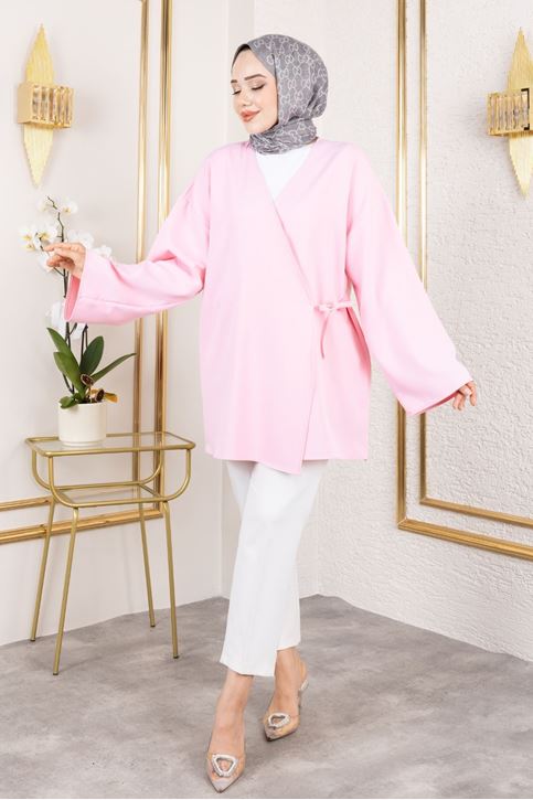 Kadın V Yaka Geniş Kollu Yandan Bağlamalı Atlas Kumaş Uzun Yazlık Tesettür Kimono Tunik Pembe