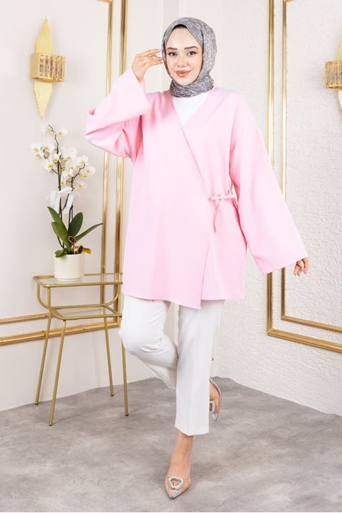 Kadın V Yaka Geniş Kollu Yandan Bağlamalı Atlas Kumaş Uzun Yazlık Tesettür Kimono Tunik Pembe