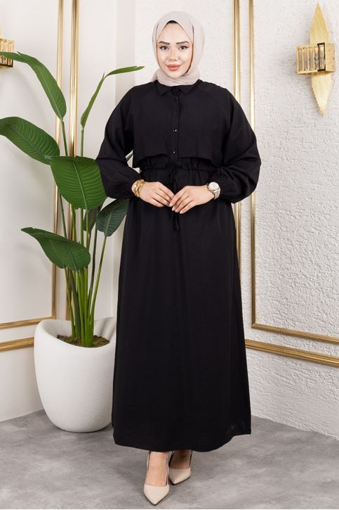 Kadın Gömlek Yaka Önü Yarı Düğmeli Aller Detaylı Beli Tünelli Bağlamalı Kolu Lastikli Tesettür Elbise Siyah