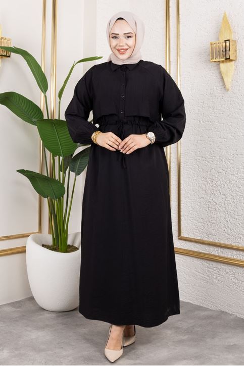 Kadın Gömlek Yaka Önü Yarı Düğmeli Aller Detaylı Beli Tünelli Bağlamalı Kolu Lastikli Tesettür Elbise Siyah