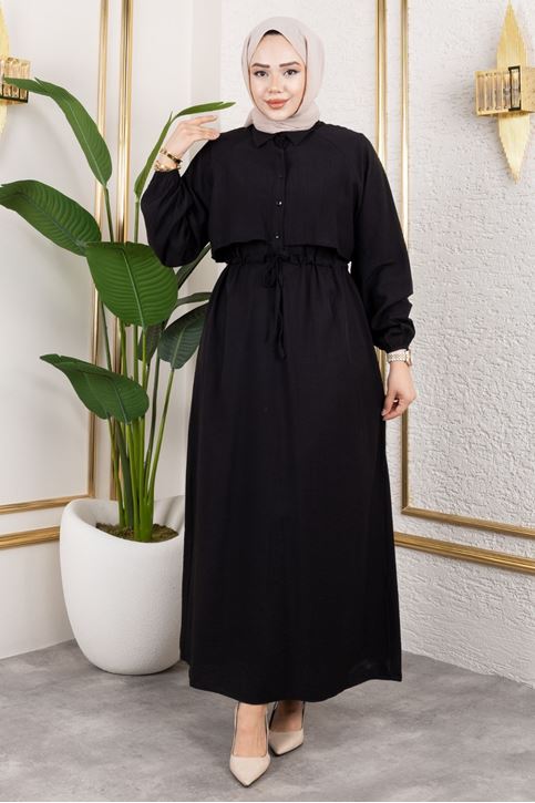 Kadın Gömlek Yaka Önü Yarı Düğmeli Aller Detaylı Beli Tünelli Bağlamalı Kolu Lastikli Tesettür Elbise Siyah
