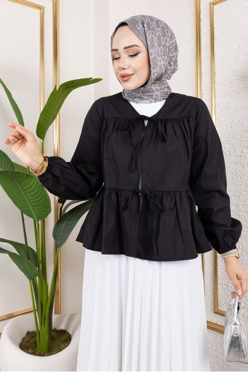 Kadın Ön Çift Bağlamalı Kolu Lastikli Volanlı Tesettür Tunik Siyah