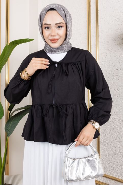 Kadın Ön Çift Bağlamalı Kolu Lastikli Volanlı Tesettür Tunik Siyah