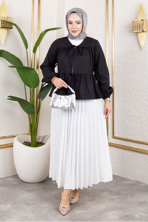 Kadın Ön Çift Bağlamalı Kolu Lastikli Volanlı Tesettür Tunik Siyah