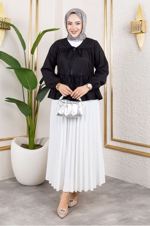 Kadın Ön Çift Bağlamalı Kolu Lastikli Volanlı Tesettür Tunik Siyah