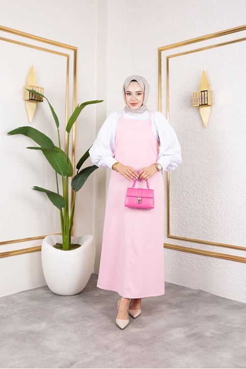 Kadın İp Askılı Tokalı Askı Ayarlanabilir Tesettür Jile Elbise Pembe