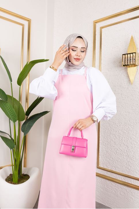 Kadın İp Askılı Tokalı Askı Ayarlanabilir Tesettür Jile Elbise Pembe