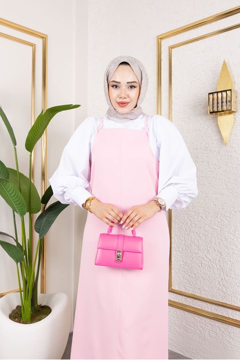 Kadın İp Askılı Tokalı Askı Ayarlanabilir Tesettür Jile Elbise Pembe
