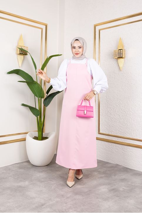 Kadın İp Askılı Tokalı Askı Ayarlanabilir Tesettür Jile Elbise Pembe