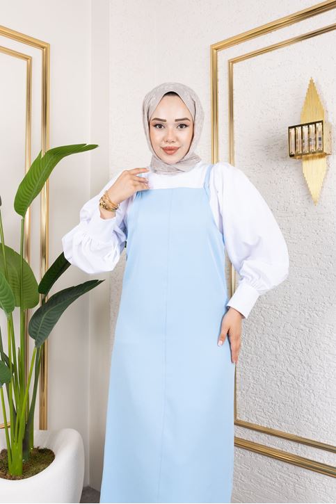 Kadın İp Askılı Tokalı Askı Ayarlanabilir Tesettür Jile Elbise Mavi