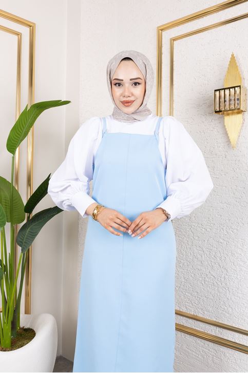 Kadın İp Askılı Tokalı Askı Ayarlanabilir Tesettür Jile Elbise Mavi