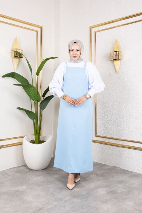 Kadın İp Askılı Tokalı Askı Ayarlanabilir Tesettür Jile Elbise Mavi