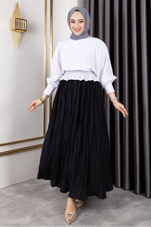 Kadın Beli Lastikli Astarlı Kırışık Kraş Tesettür Etek Siyah