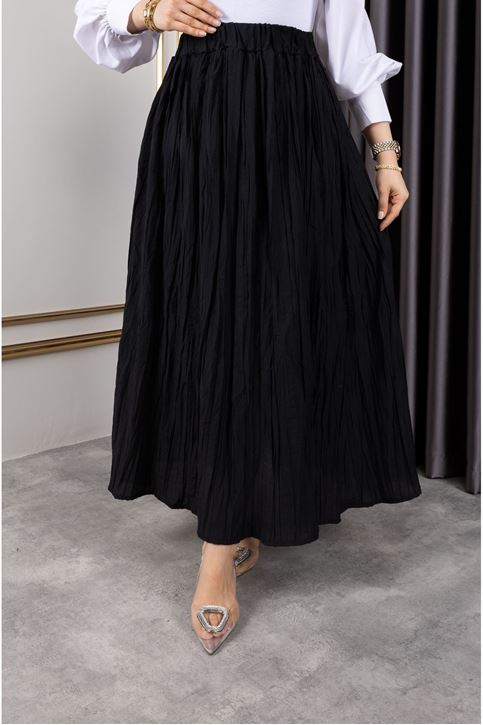 Kadın Beli Lastikli Astarlı Kırışık Kraş Tesettür Etek Siyah