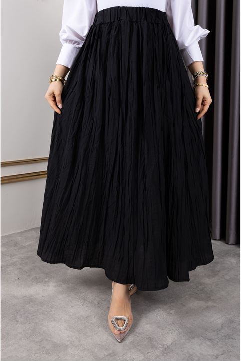 Kadın Beli Lastikli Astarlı Kırışık Kraş Tesettür Etek Siyah