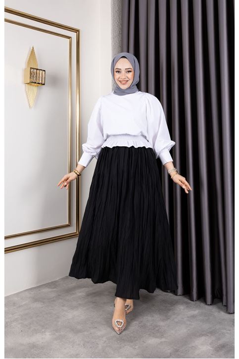 Kadın Beli Lastikli Astarlı Kırışık Kraş Tesettür Etek Siyah