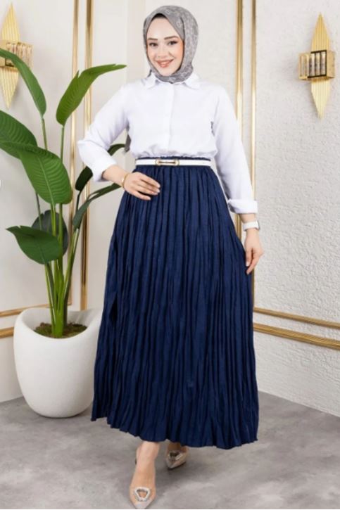 Kadın Beli Lastikli Astarlı Kırışık Kraş Tesettür Etek Lacivert