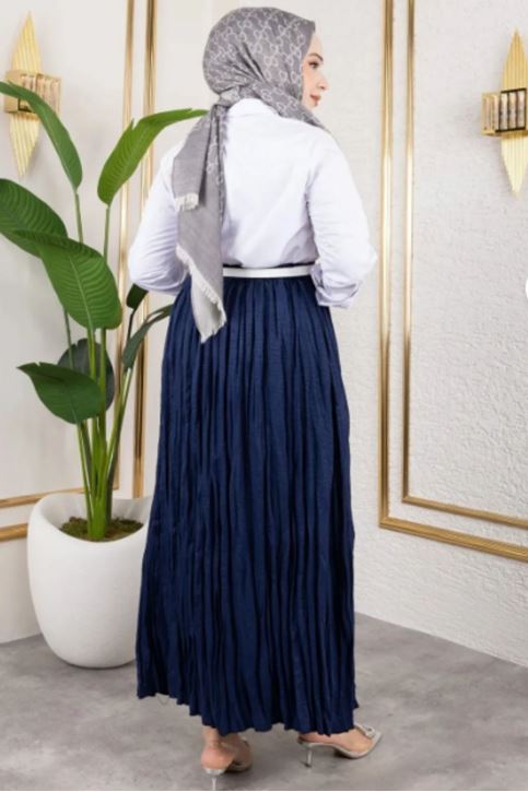 Kadın Beli Lastikli Astarlı Kırışık Kraş Tesettür Etek Lacivert