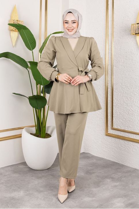 Kadın Şal Yaka Yandan Bağlamalı Kuşak Detay Tesettür Ceketli Pantolon Takım Haki