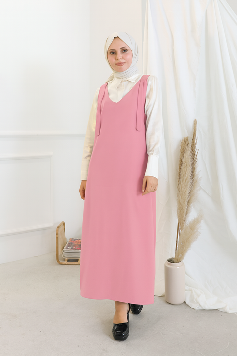 Kadın V  Yaka Omuz Detaylı Uzun Tesettür Jile Elbise Pembe
