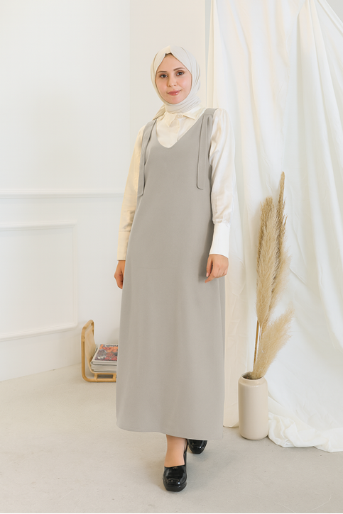 Kadın V Yaka Omuz Detaylı Uzun Tesettür Jile Elbise Gri