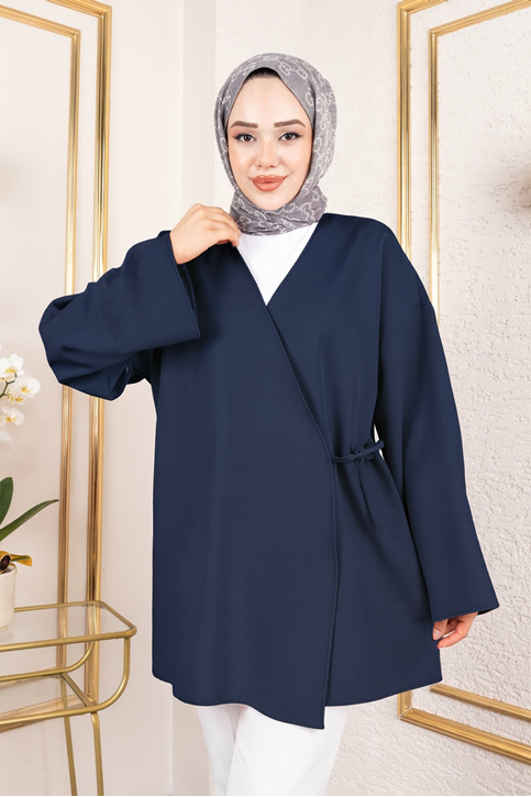 Kadın V Yaka Geniş Kollu Yandan Bağlamalı Atlas Kumaş Uzun Yazlık Tesettür Kimono Tunik Lacivert