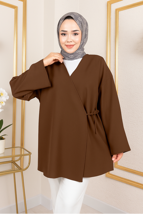 Kadın V Yaka Geniş Kollu Yandan Bağlamalı Atlas Kumaş Uzun Yazlık Tesettür Kimono Tunik Kahve