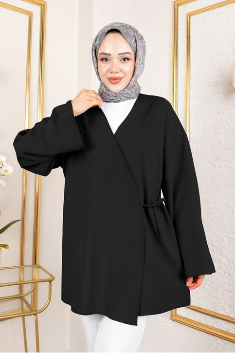 Yan Bağlamalı Atlas Tunik-Siyah