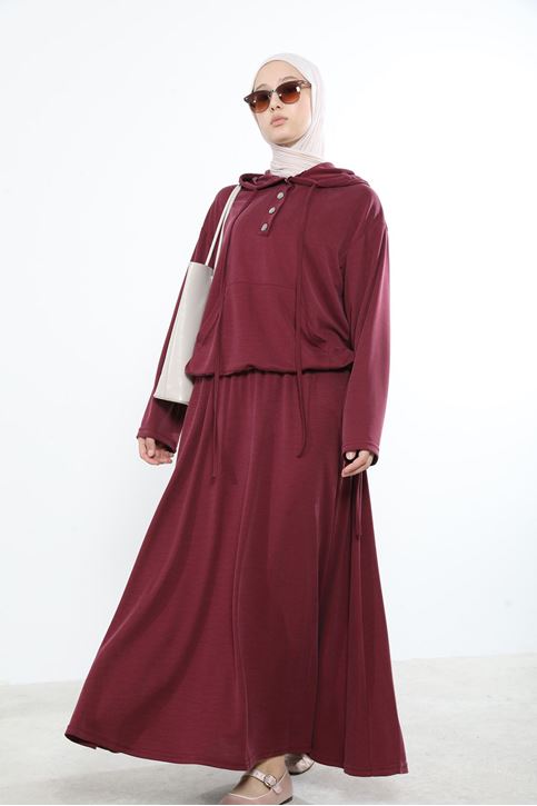 Kadın Önü Çıtçıt Pat Detaylı Kanguru Cepli Kapüşonlu Tesettür Etekli Takım Bordo