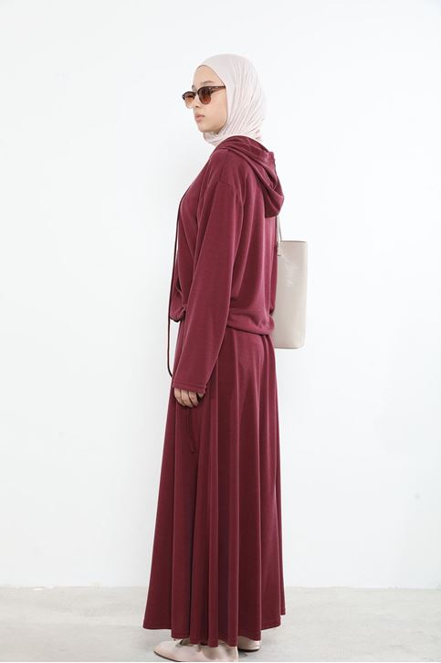 Kadın Önü Çıtçıt Pat Detaylı Kanguru Cepli Kapüşonlu Tesettür Etekli Takım Bordo