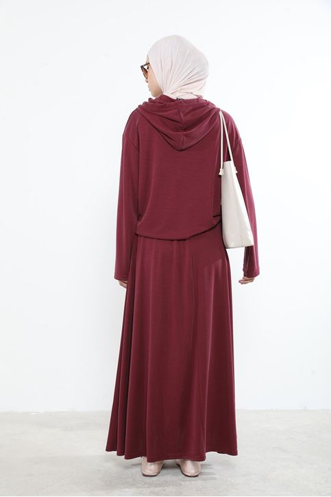 Kadın Önü Çıtçıt Pat Detaylı Kanguru Cepli Kapüşonlu Tesettür Etekli Takım Bordo