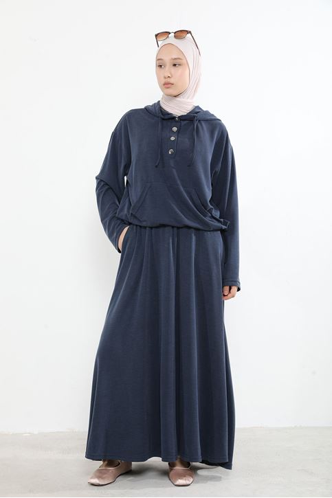 Kadın Önü Çıtçıt Pat Detaylı Kanguru Cepli Kapüşonlu Tesettür Etekli Takım Lacivert